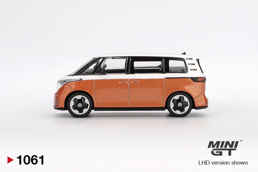 side view of Volkswagen ID.Buzz Candy White / Energetic Orange 1:64 scale model car - Mini GT
