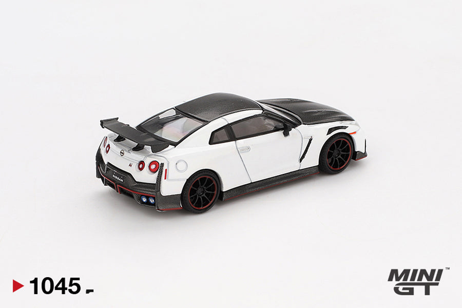 back perspective view of Nissan GT-R Nismo 2024 Brilliant White Pearl 1:64 scale model car - Mini GT