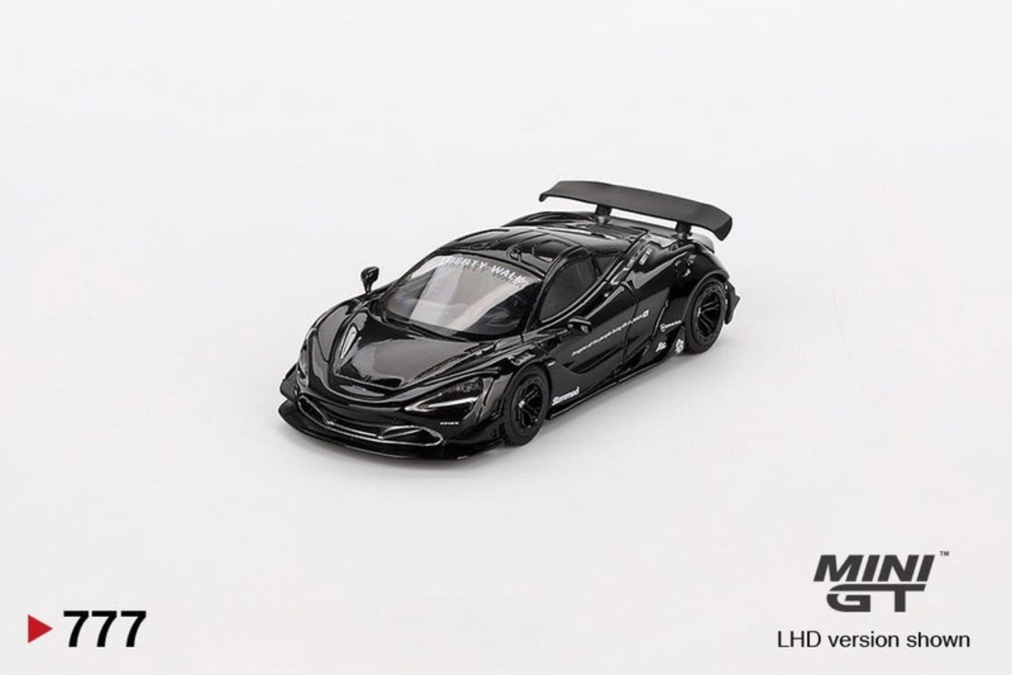 Front perspective view of McLaren 720S LB★Works Black 1:64 scale model car - Mini GT