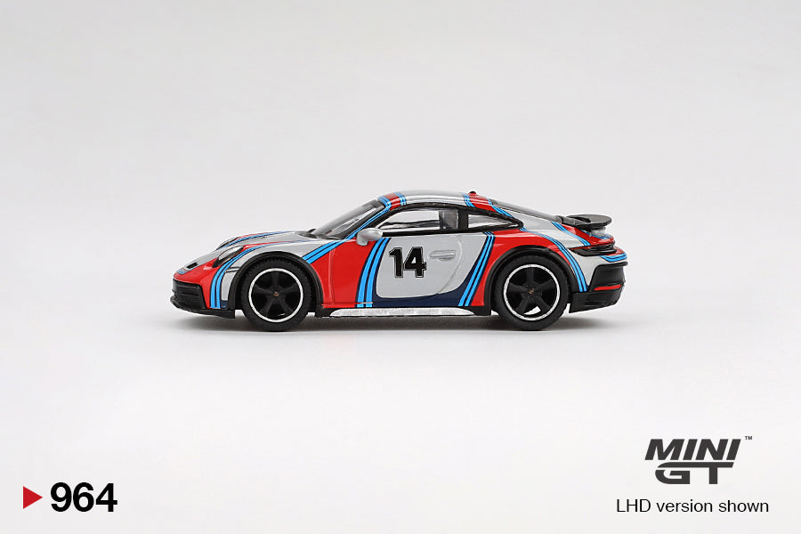 side view of Porsche 911 Dakar Ice Grey Metallic "Rally 1978" 1:64 scale model car - Mini GT