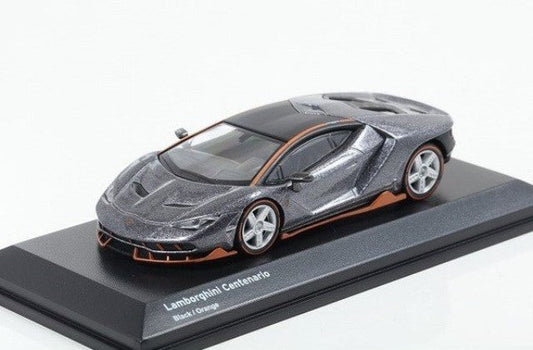 top front and side perspective view of Lamborghini Centenario Black/orange Kyosho 1:64 scale model car