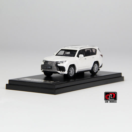 front and side perspective view of LX600 White LCD 1:64 scale model car