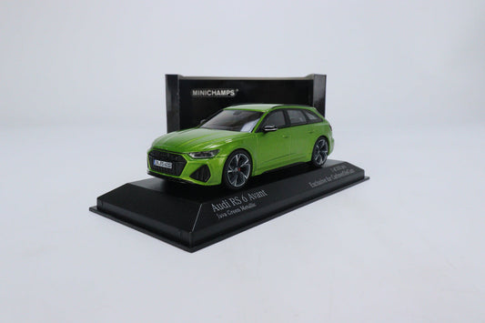 front and side perspective view of Audi RS6 Avant Java Green Minichamps 1:43 scale model car