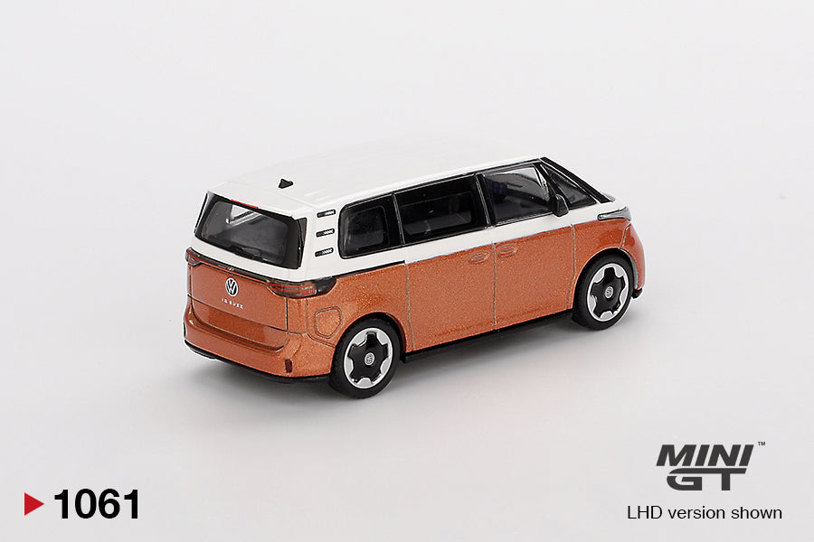 back perspective view of Volkswagen ID.Buzz Candy White / Energetic Orange 1:64 scale model car - Mini GT