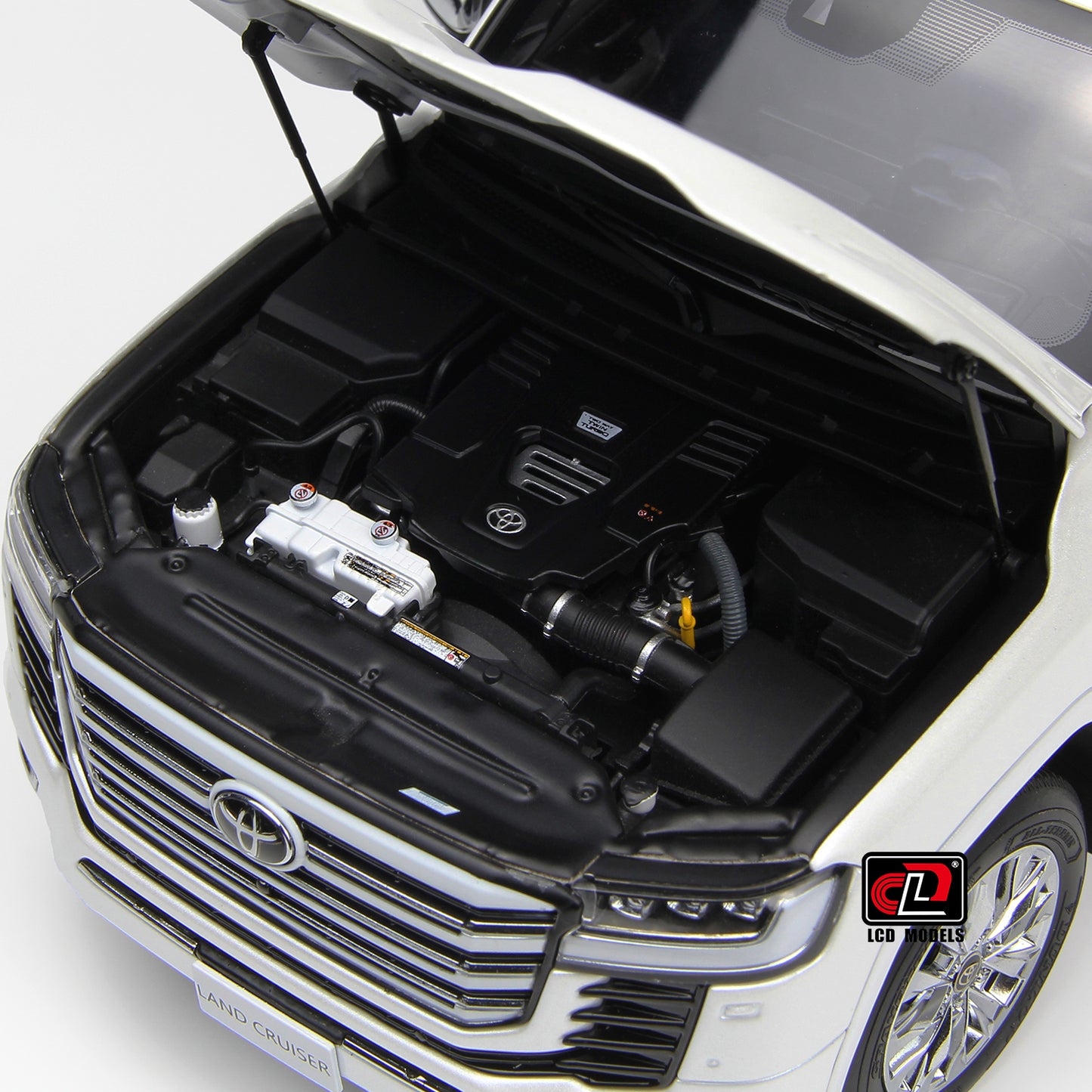 Car engine compartment view of Toyota Land Cruiser White 1:18 scale model car - LCD Models