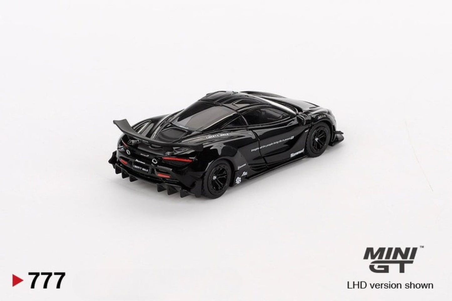 Back perspective view of McLaren 720S LB★Works Black 1:64 scale model car - Mini GT