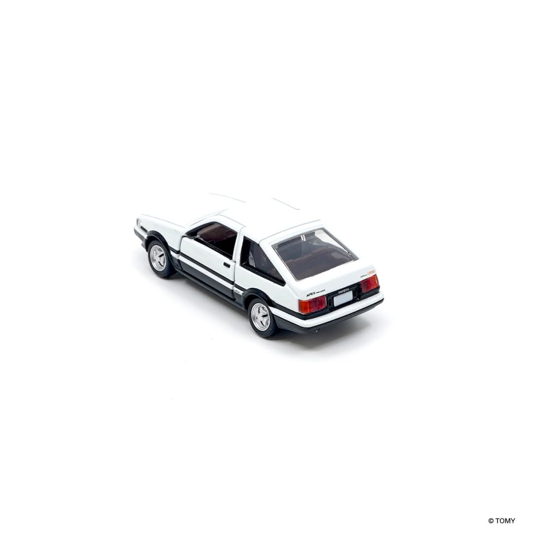 Top back perspective view of Toyota Corolla Levin white 1st edition 1:64 scale model car - Tomica premium