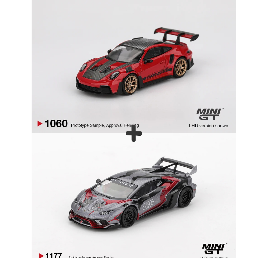 Porsche 911 (992) GT3 RS Weissach Package Guards Red + LB★WORKS Lamborghini Huracán GT RONIN Gray 1:64 scale model car bundle - Mini GT