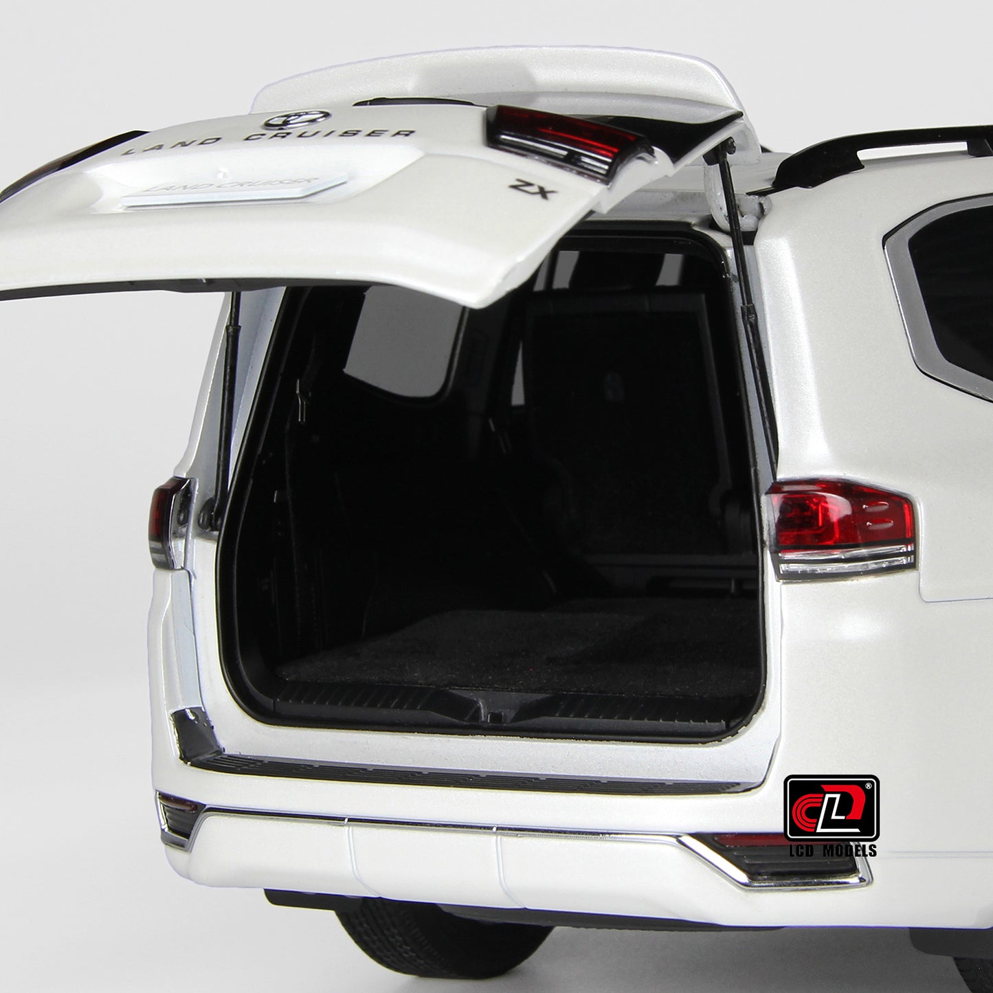 open trunk view of Toyota Land Cruiser White 1:18 scale model car - LCD Models