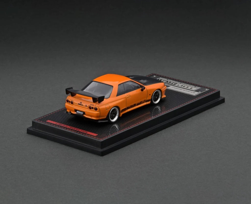 back perpespective of Top Secret GT-R (VR32) Yellow Orange Metallic 1:64 scale model car by Ignition model