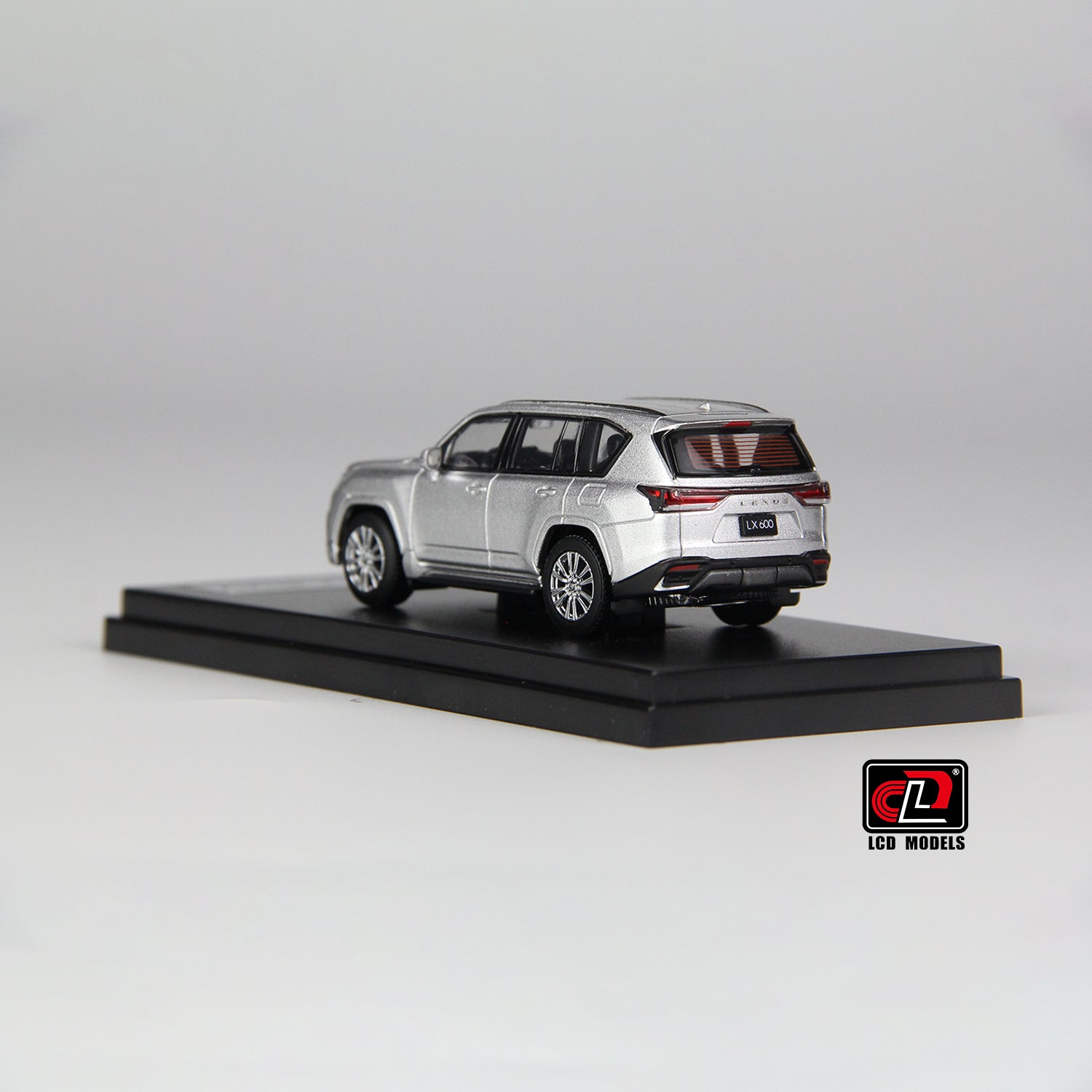 back and side perspective view of LX600 Silver LCD 1:64 scale model car