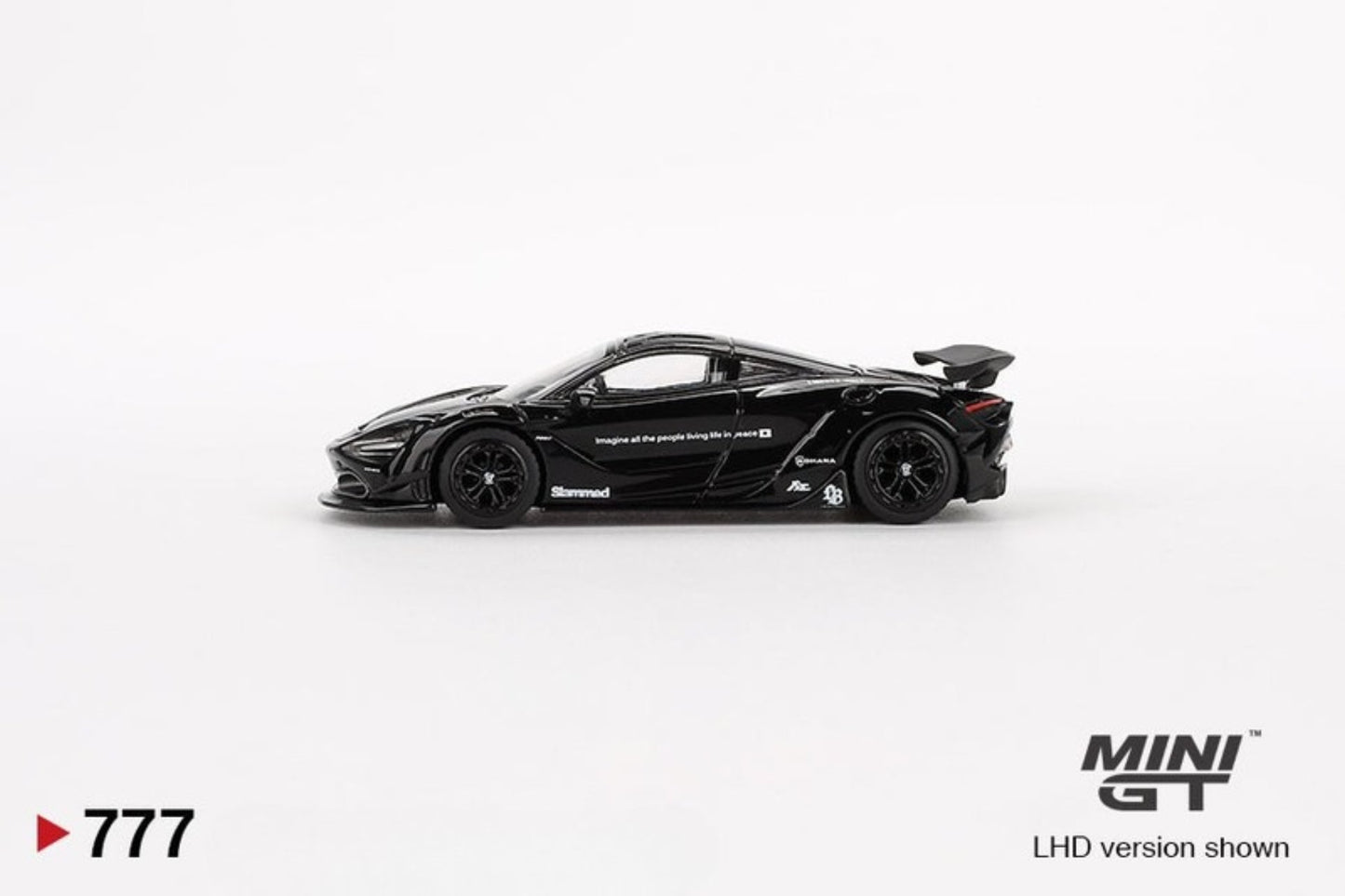 Side view of McLaren 720S LB★Works Black 1:64 scale model car - Mini GT