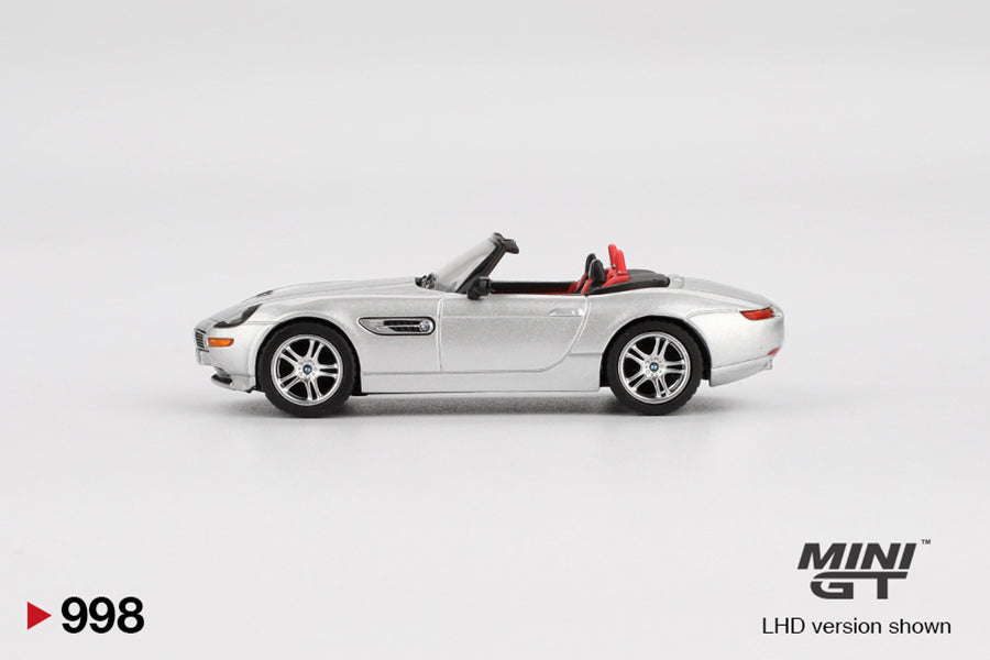 Side view of BMW Z8 Silver 1:64 scale model car - Mini GT