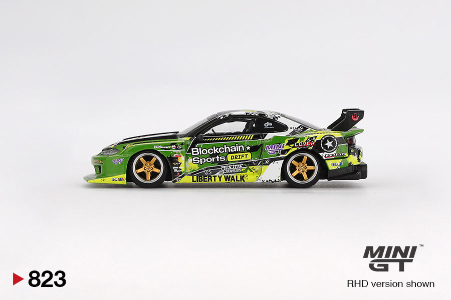 side view of Nissan LB-Super Silhouette S15 SILVIA #555 V2 2024 Formula Drift Japan 1:64 scale model car - Mini GT