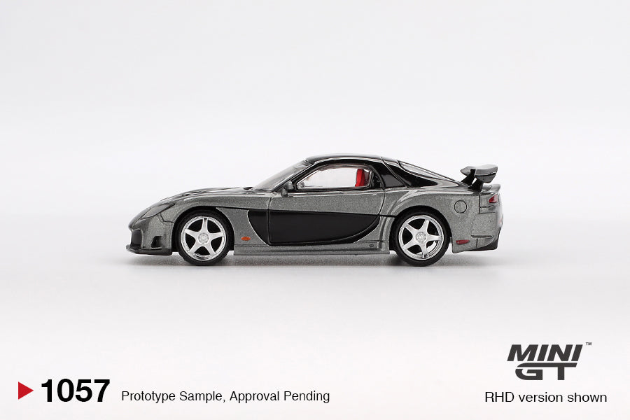 side view of Mazda RX-7 VeilSide Fortune Grey 1:64 scale model car - Mini GT
