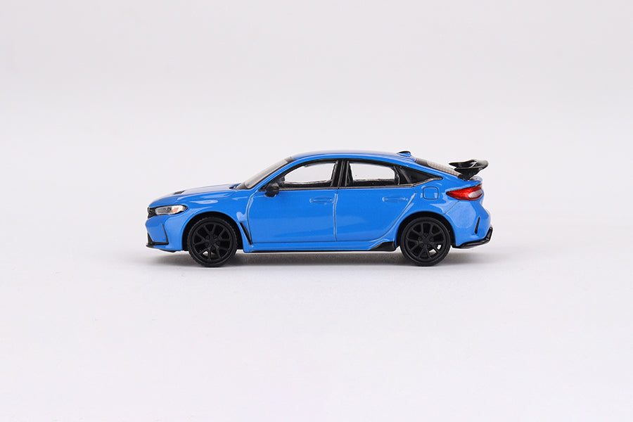side view of MINI GT 1:64  Honda Civic Type R Boost Blue Pearl 2023 Blister packaging Mini GT 1:64 scale model car
