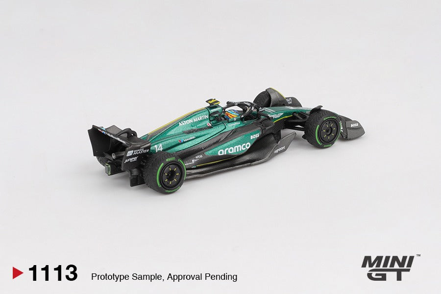 back perspective view of Aston Martin AMR24 #14 Fernando Alonso 2024 F1 1:64 Scale Model Car – Mini GT (Product Code: MGT01113)