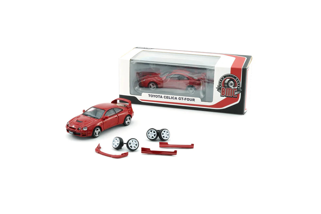 Box and parts of Toyota Celica GT Four Red (RHD) 1:64 scale model car - BM creations Product code 64B0417