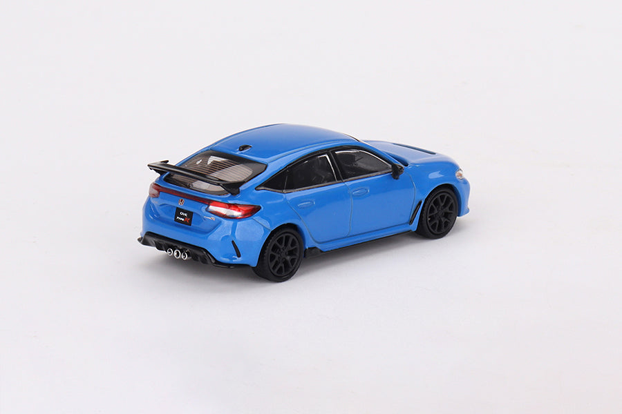 back and side perspective view of Honda Civic Type R Boost Blue Pearl 2023 Blister packaging Mini GT 1:64 scale model car