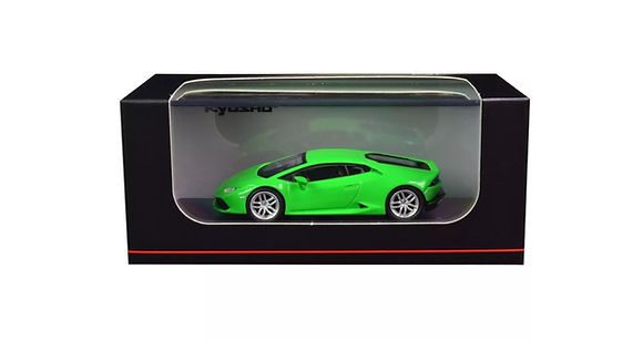 side view of Lamborghini Huracan Green with Display cover and Base Kyosho 1:64 scale model car