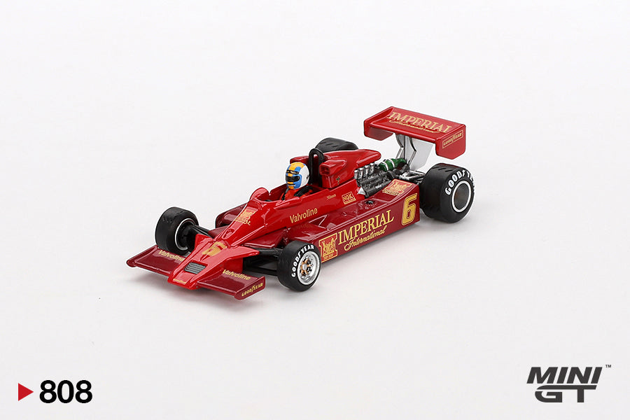 Front perspective view of Lotus 78 #6 Gunnar Nilsson 1977 Japanese GP 1:64 scale model car - Mini GT