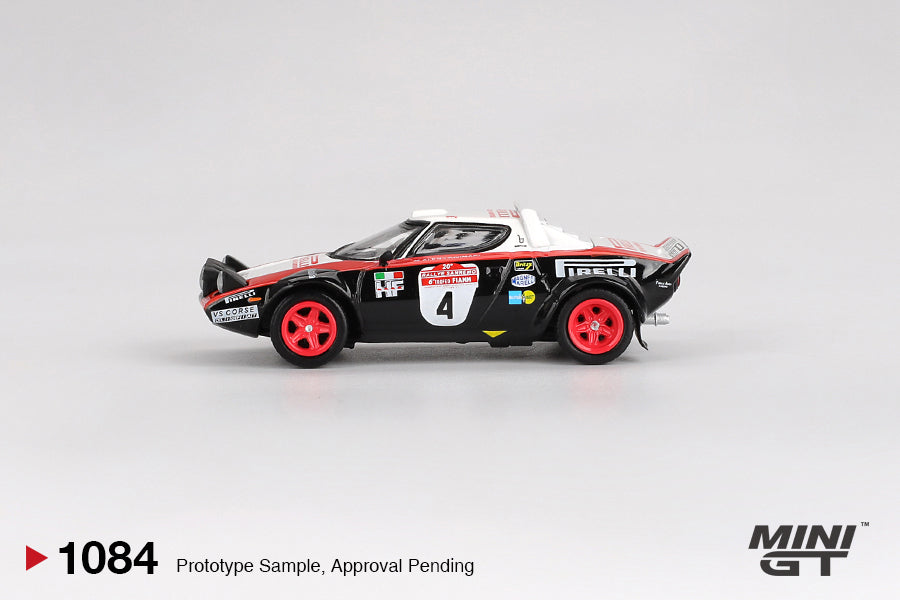 side view of Lancia Stratos HF #4 1978 Rally Sanremo Winner 1:64 Scale Model Car – Mini GT (Product Code: MGT01084)
