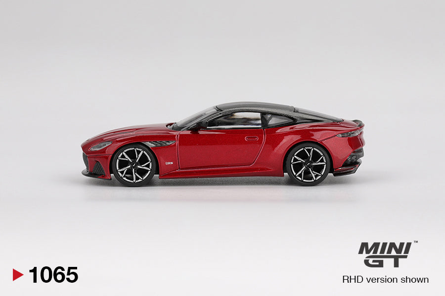 side view of Aston Martin DBS Hyper Red 1:64 scale model car - Mini GT
