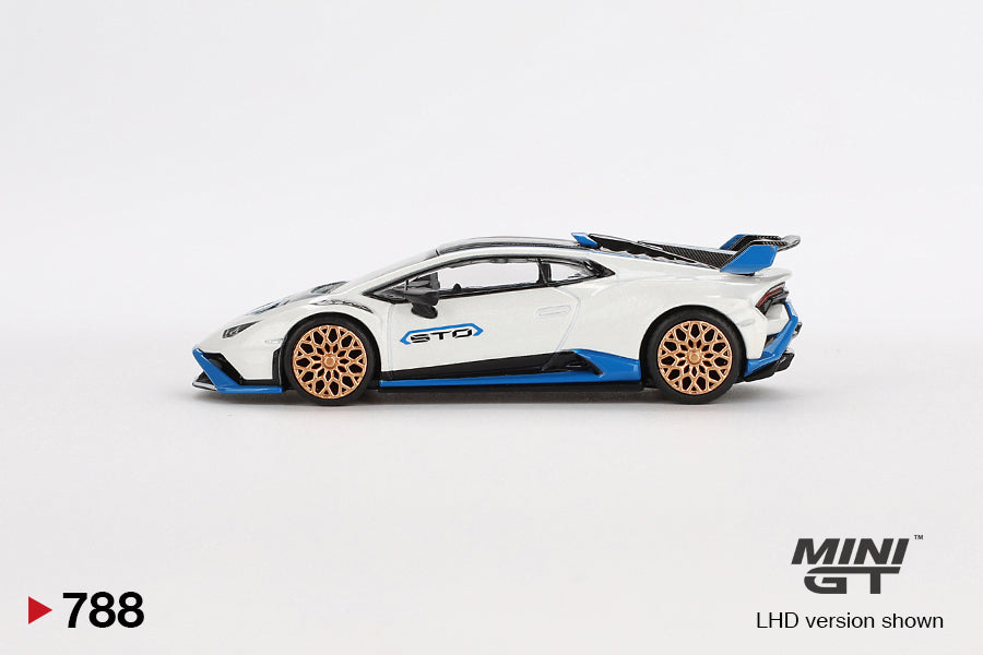 Side view of Lamborghini Huracan STO Bianco Asopo 1:64 scale model car - Mini GT