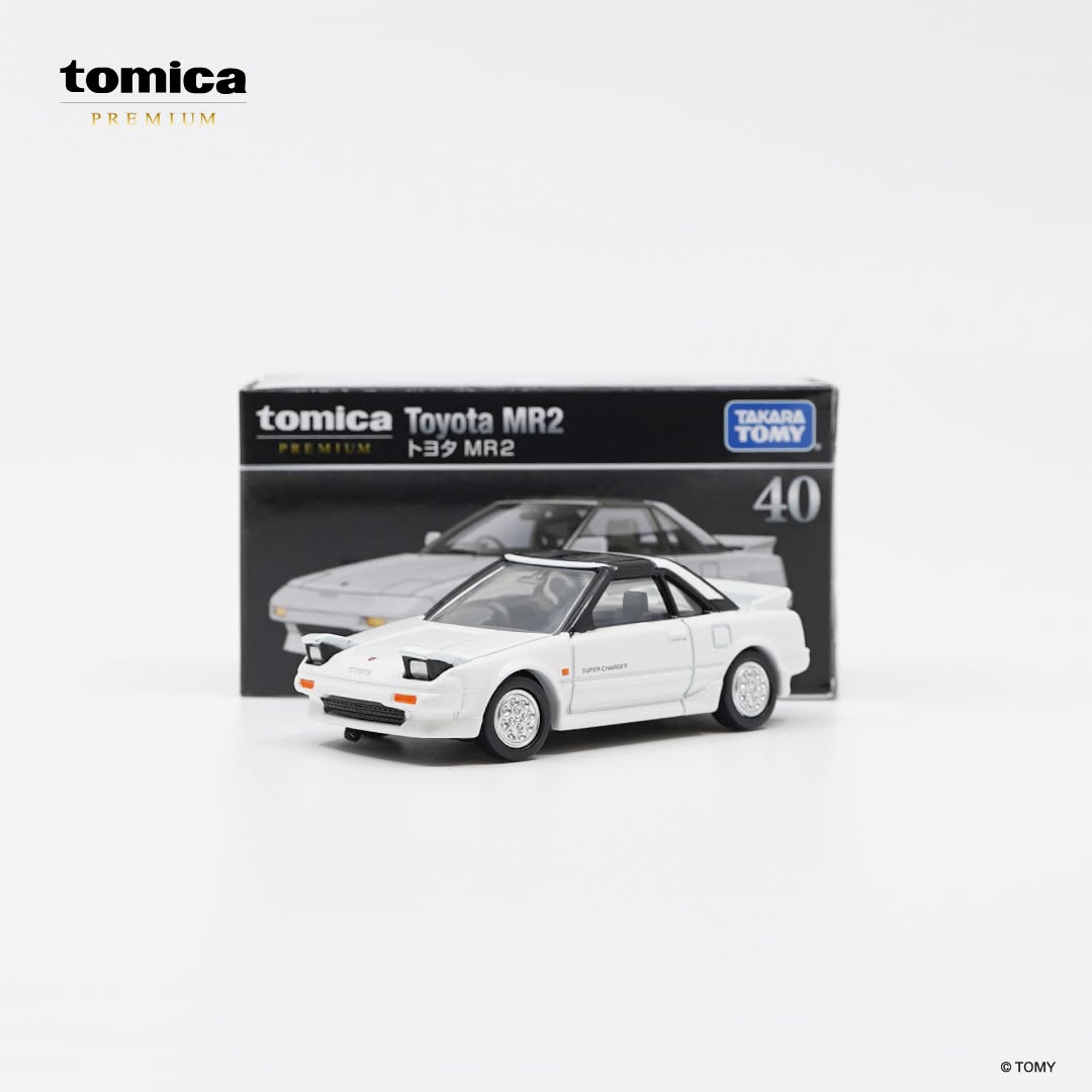 Front perspective view of TP40 Toyota MR2 White 1:64 scale model car - Tomica premium