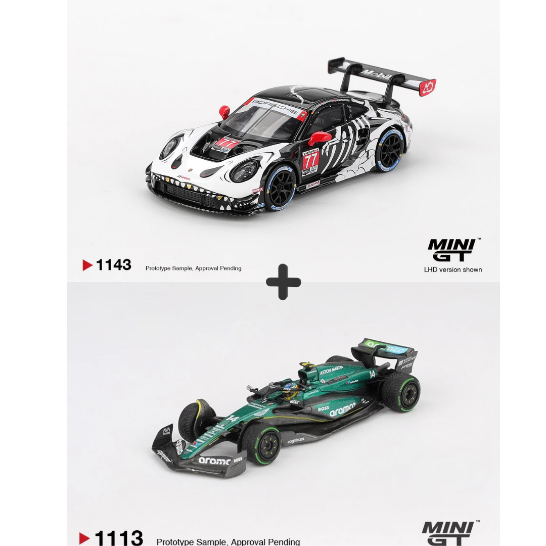 Mini GT 1:64 Porsche 911 GT3 R #77 AO Racing and Aston Martin AMR24 #14 Fernando Alonso model car bundle packaging