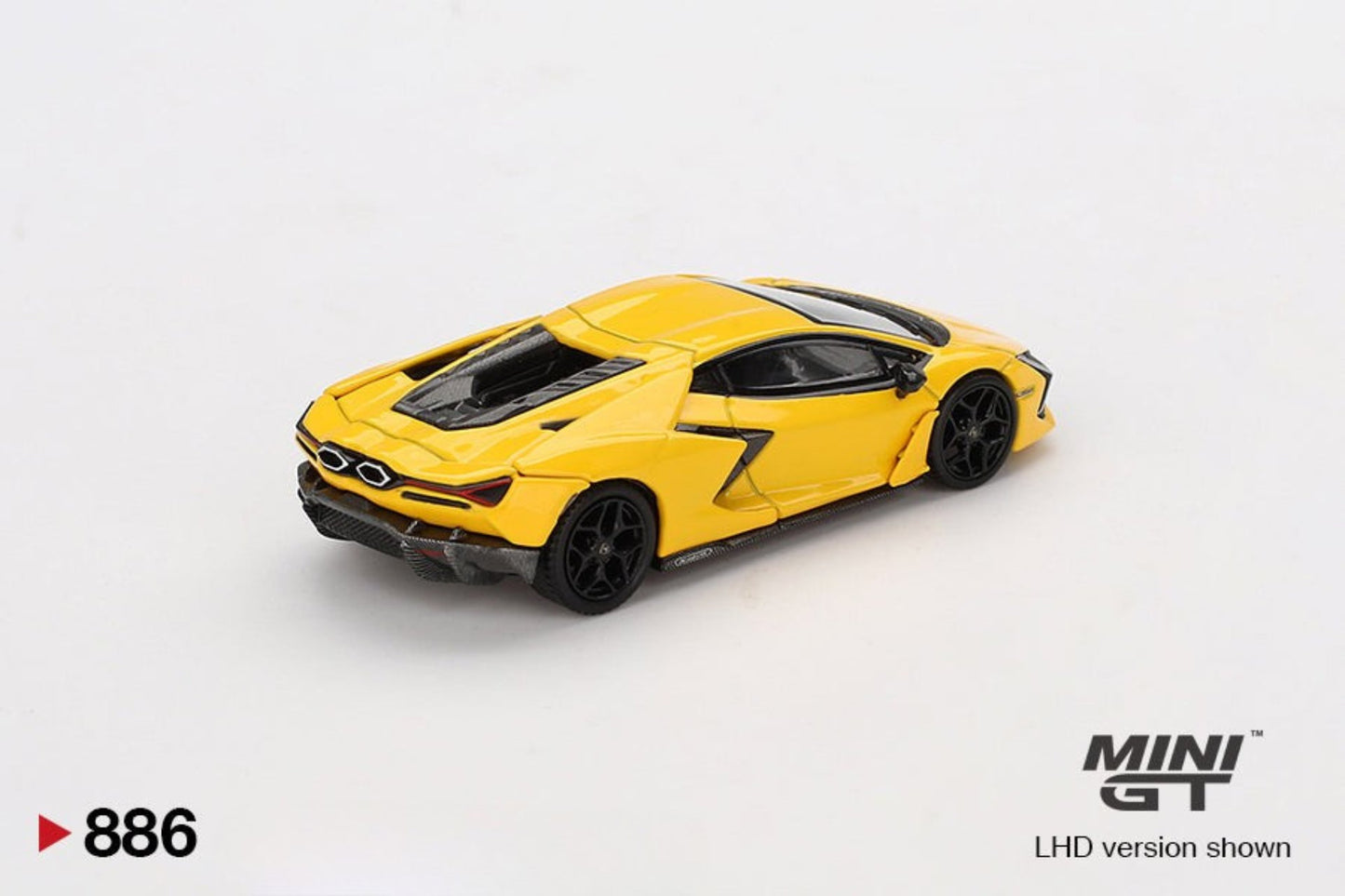 Back perspective of Lamborghini Revuelto Giallo 1:64 scale model car - Mini GT product code of MGT00886