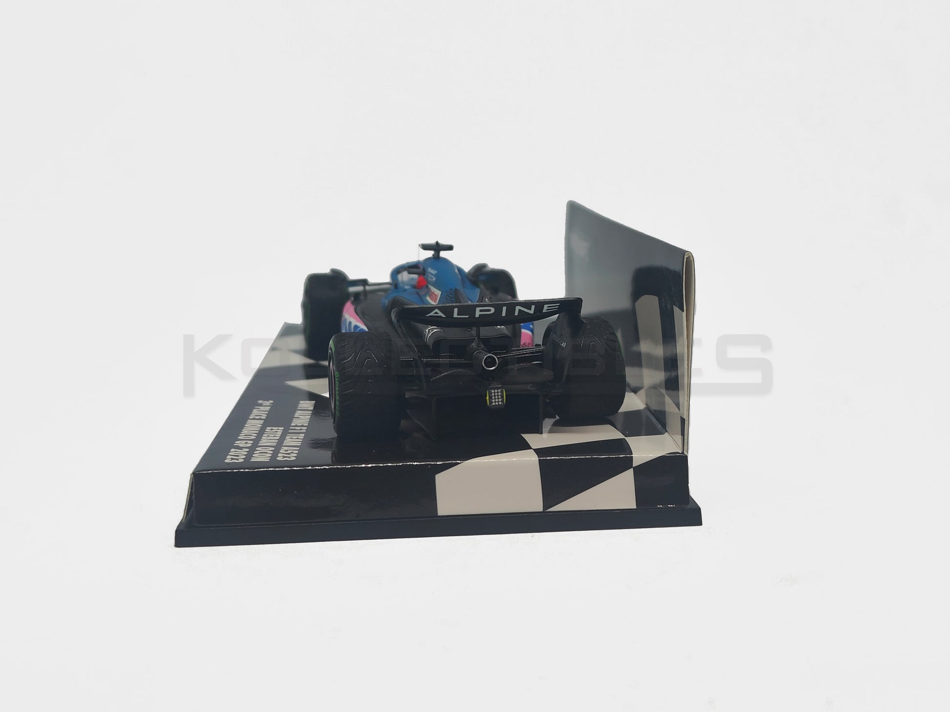 Back view of BWT Alpine F1 Team A523 3rd Monaco GP 2023 1:43 scale model cars by Minichamps