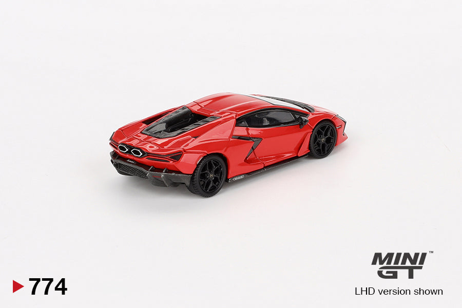 Back perspective view of Lamborghini Revuelto Arancio Dac Lucido 1:64 scale model car - Mini GT