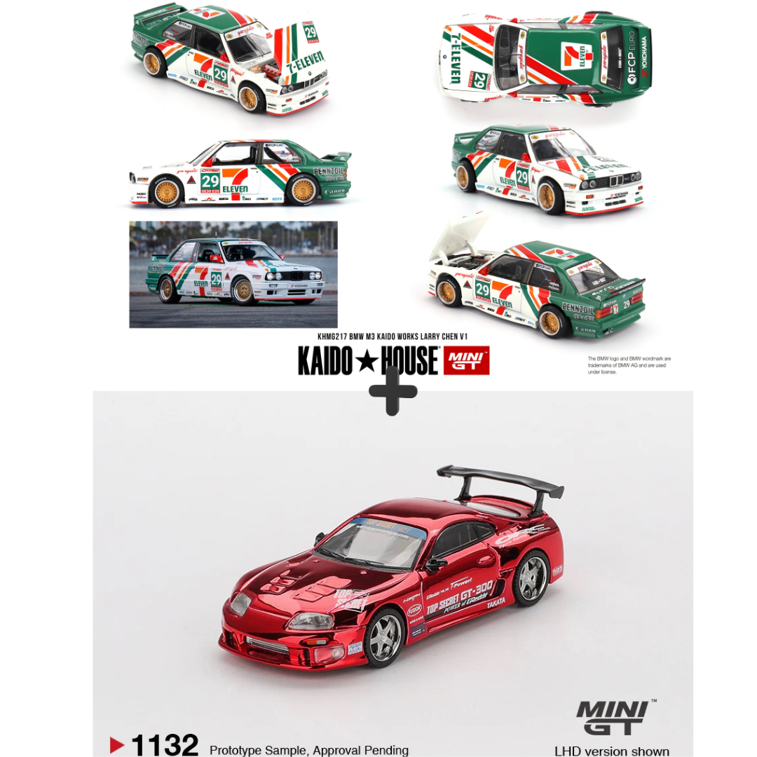 BMW M3 Kaido Works Larry Chen V1 + Toyota Supra (A80) Top Secret GT-300 Red Chrome – 2-Car Bundle (Kaido House x Mini GT)