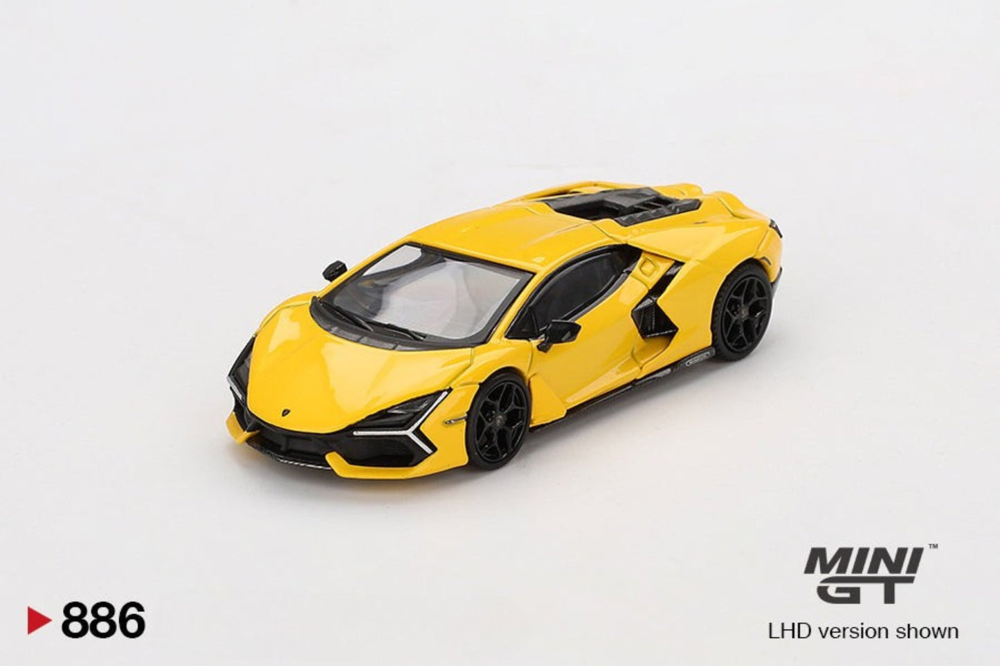fFront perspective view of Lamborghini Revuelto Giallo 1:64 scale model car - Mini GT product code of MGT00886