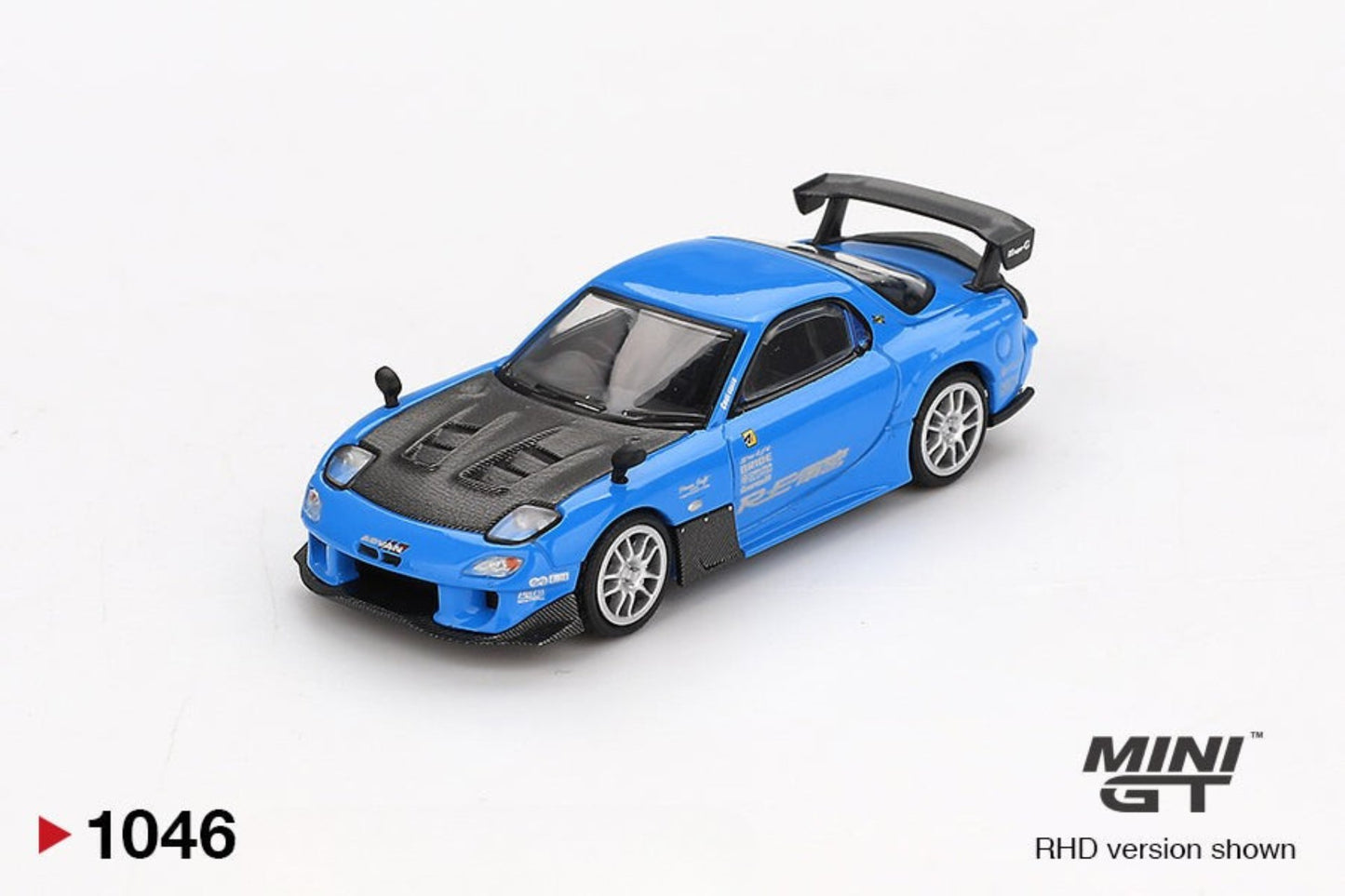 Front view of Mazda RX-7 RE-Amemiya 20B NA 3ROTOR-7 “Ama-san Go” 1:64 scale model car - Mini GT