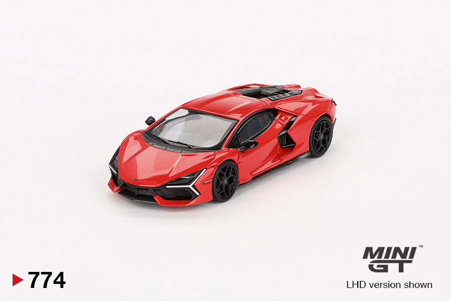 Front perspective view of Lamborghini Revuelto Arancio Dac Lucido 1:64 scale model car - Mini GT