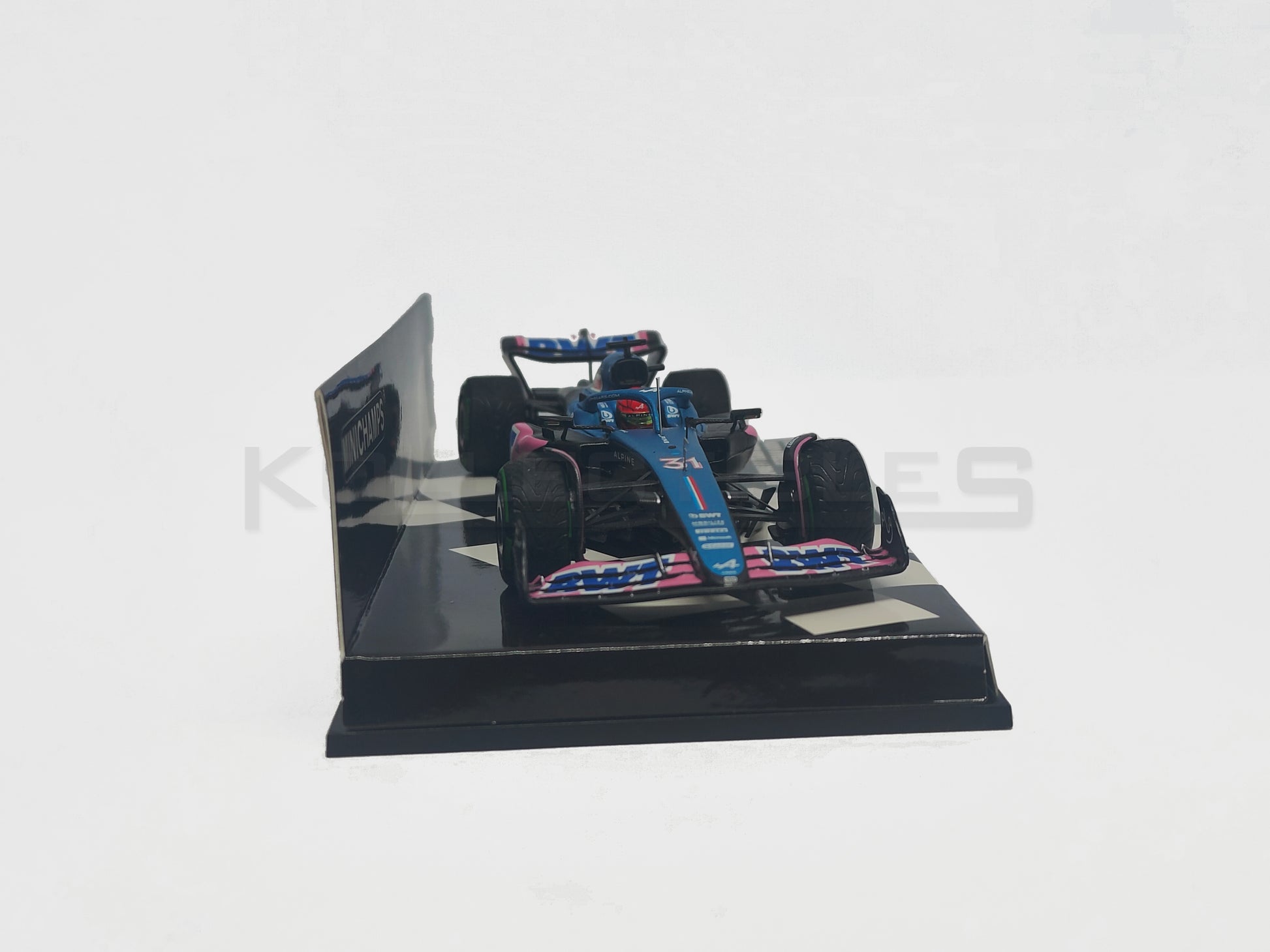 Front view of BWT Alpine F1 Team A523 3rd Monaco GP 2023 1:43 scale model cars by Minichamps