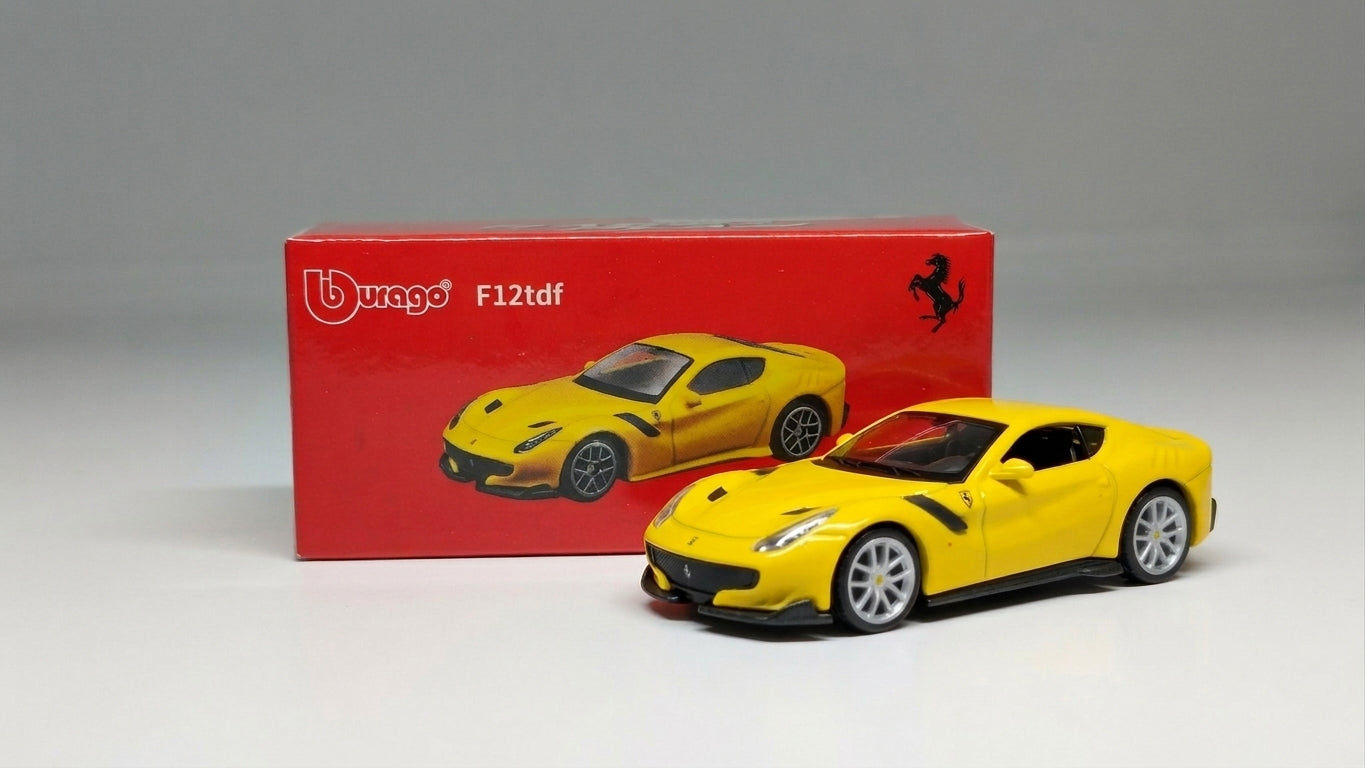 Box of Ferrari F12TFDF yellow 1:64 scale model car - Bburago