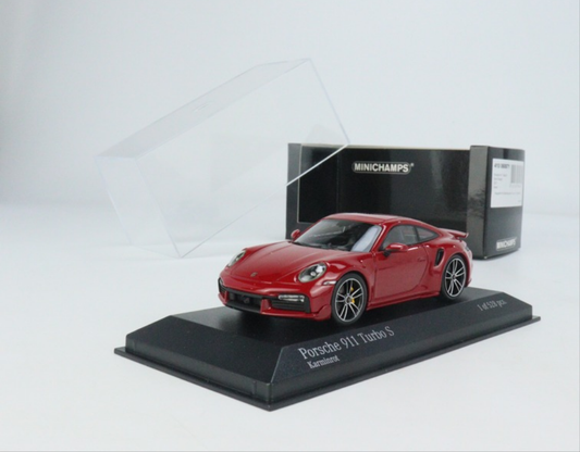 Porsche 911 Turbo S Coupe Sport Design Tyre 992 2021 Carmine Red Minichamps 1:43 scale model car with box and accessories