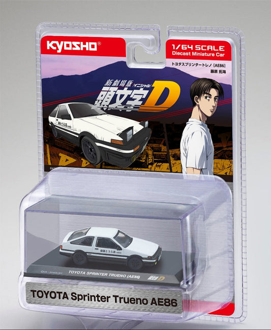 Kyosho 1:64 scale model car of the Toyota Sprinter AE86, featuring artwork with the car and a character from the Initial D anime series.
