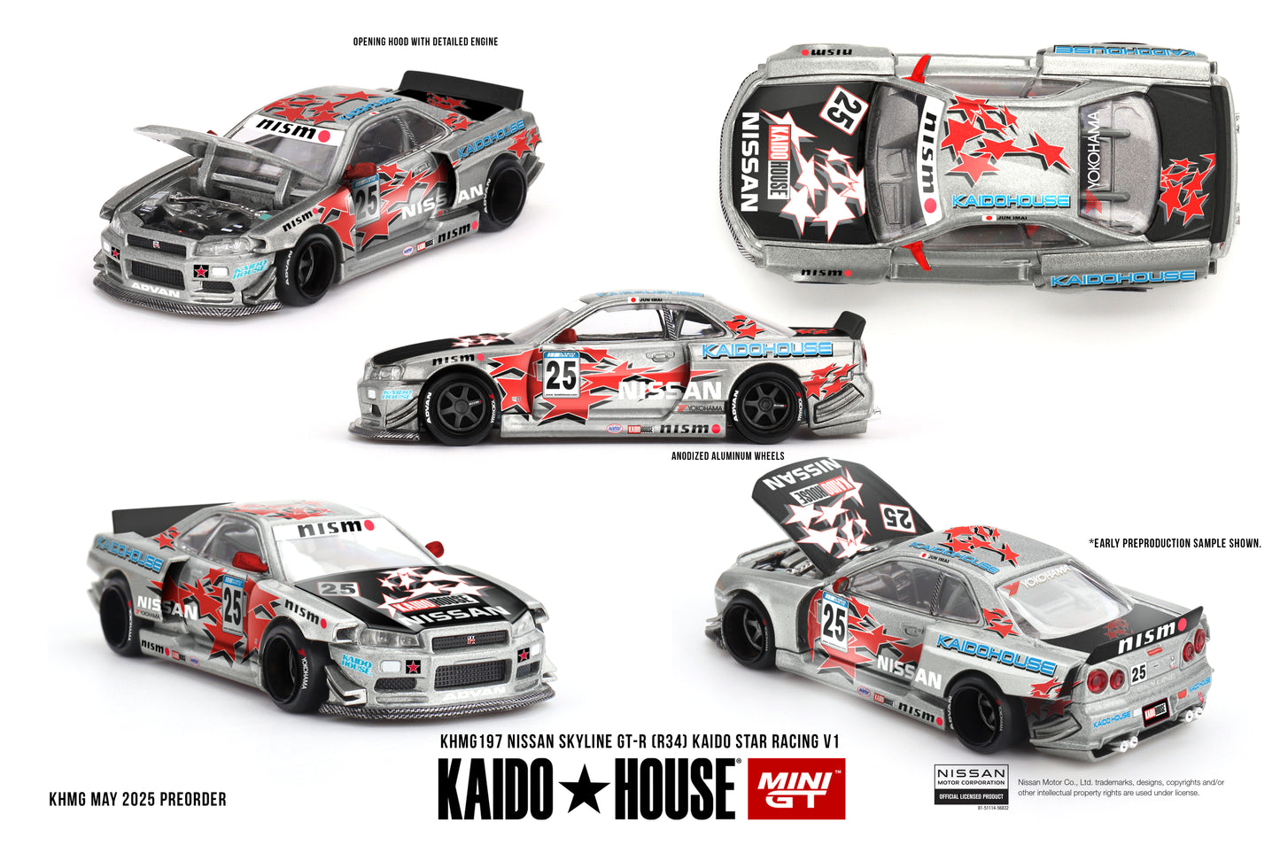 Nissan Skyline GT-R (R34) Kaido Star Racing V1 Silver 1:64 Kaido House x Mini GT diecast KHMG0197 – front, rear, side & top views