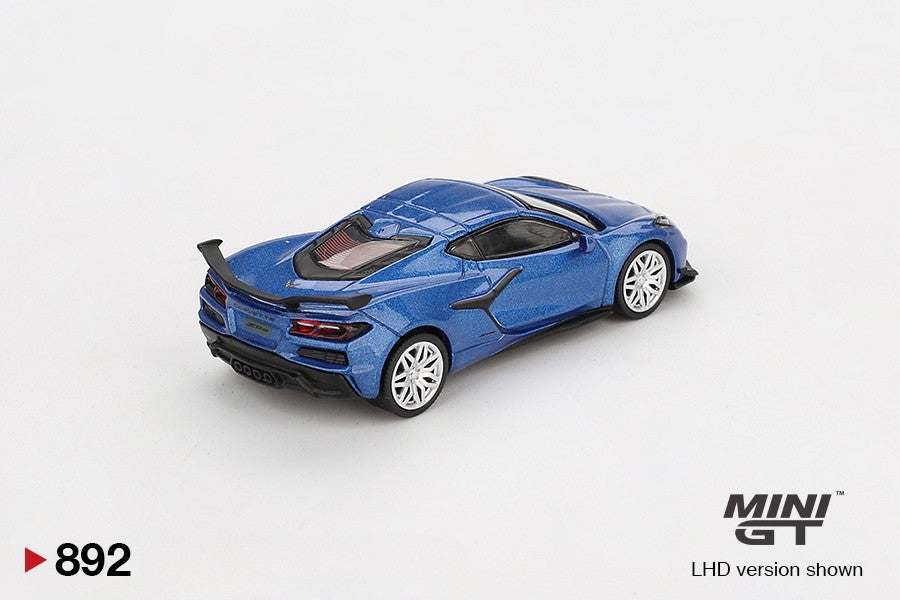 back perspective view of Chevrolet Corvette Z06 2023 Elkhart Lake Blue Metallic 1:64 scale model car by Mini GT