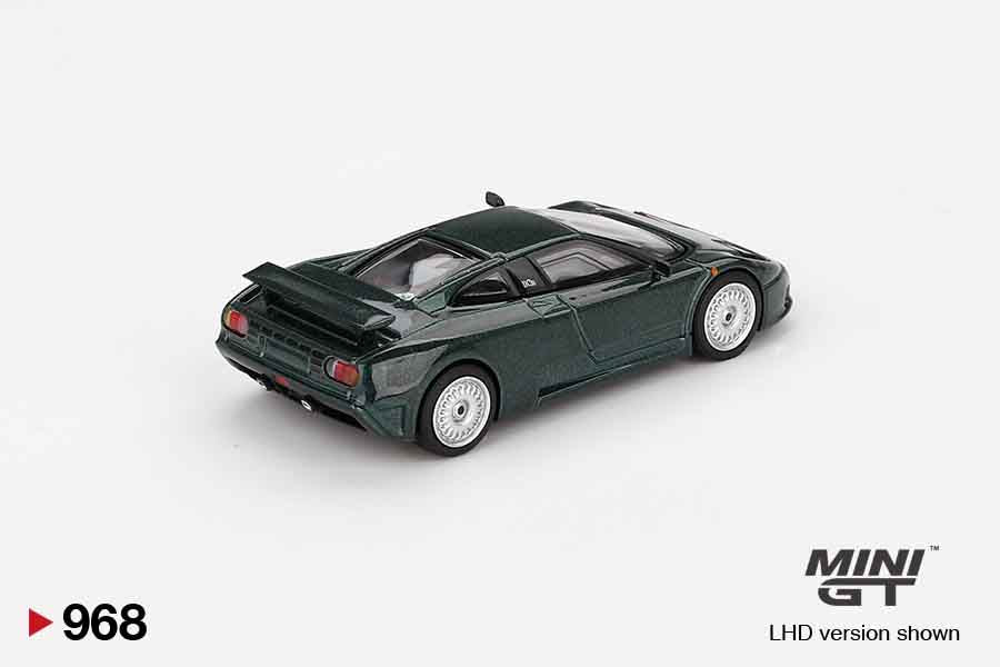 Back perspective view of Mini GT 1:64 scale Bugatti EB110 GT in Verde Scuro