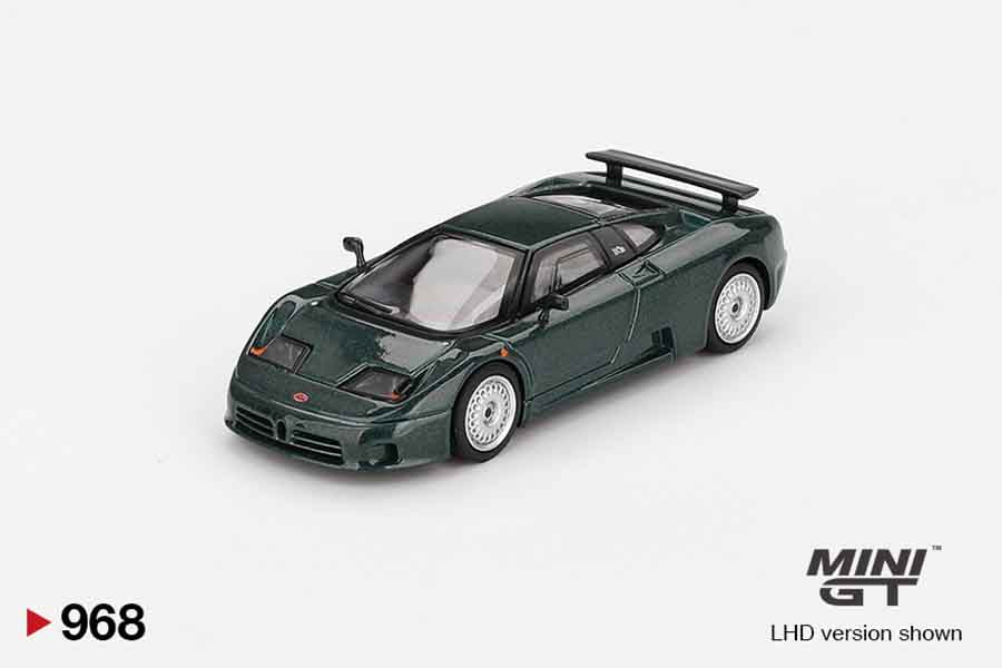 Front perspective view of Bugatti EB110 GT Verde Scuro 1:64 scale model car - Mini