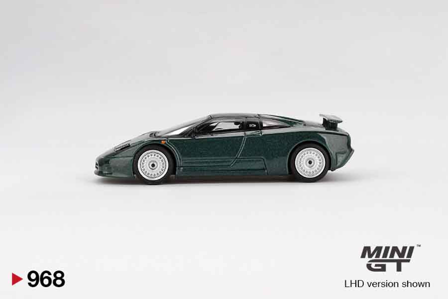 Side view of Mini GT 1:64 scale Bugatti EB110 GT in Verde Scuro
