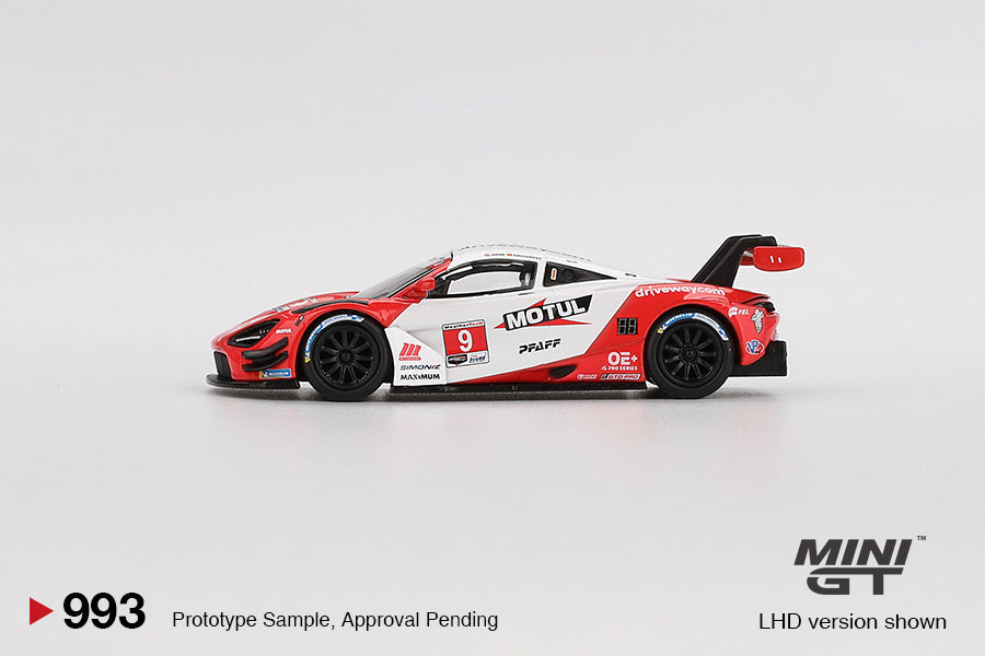 side view of McLaren 720S GT3 Evo Pfaff Motorsports 2024 IMSA Laguna Seca 1:64 scale model car - Mini GT