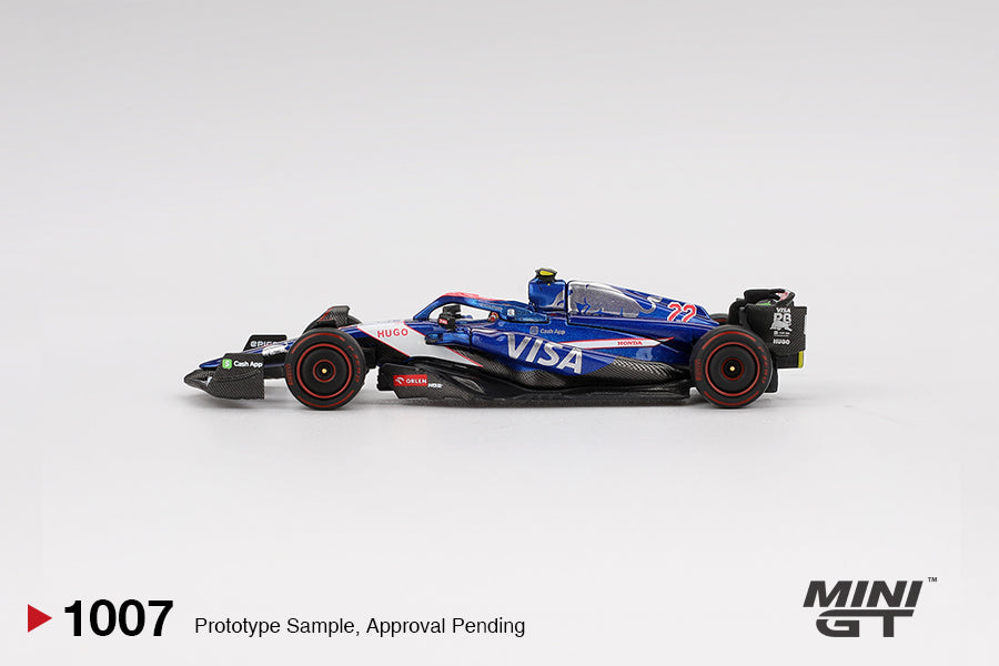 Side perapective view of RB VCARB 01 #22 Yuki Tsunoda 2024 F1 2024 Bahrain GP 1:64 scale model car - Mini GT