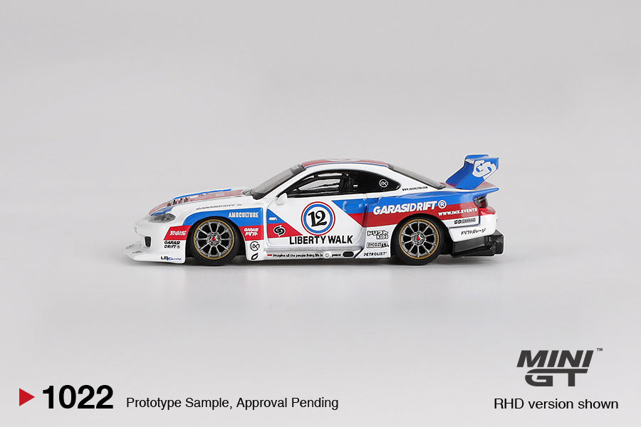 side view of Nissan LB-Super Silhouette S15 SILVIA GARASIDRIFT x LBWK 2025 1:64 scale model car - Mini GT