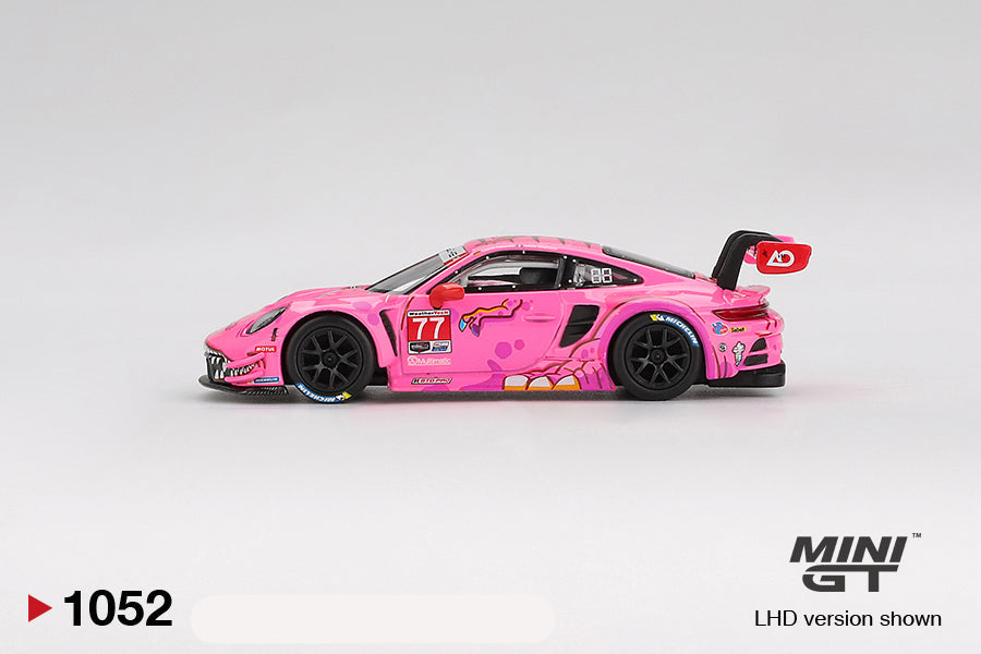 Side view of Porsche 911 GT3 R #77 AO Racing 2024 IMSA Road America 1:64 scale model car - Mini GT